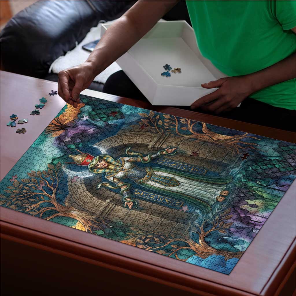 Amunet Ancient Temple Egyptian Puzzle with Golden Serpent Mythology in Teal Tones