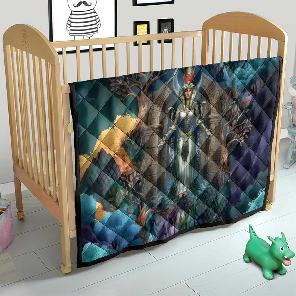 Amunet Ancient Temple Egyptian Quilt with Golden Serpent Mythology in Teal Tones