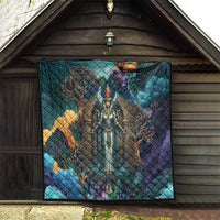 Amunet Ancient Temple Egyptian Quilt with Golden Serpent Mythology in Teal Tones