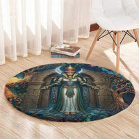 Amunet Ancient Temple Egyptian Round Carpet with Golden Serpent Mythology in Teal Tones