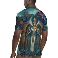 Amunet Ancient Temple Egyptian Rugby Jersey with Golden Serpent Mythology in Teal Tones