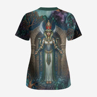 Amunet Ancient Temple Egyptian Scrub Top with Golden Serpent Mythology in Teal Tones