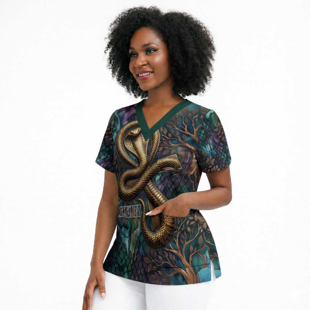 Amunet Ancient Temple Egyptian Scrub Top with Golden Serpent Mythology in Teal Tones