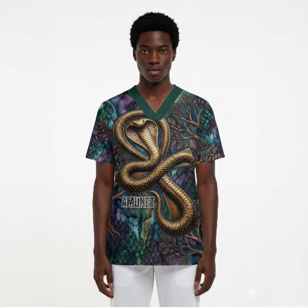 Amunet Ancient Temple Egyptian Scrub Top with Golden Serpent Mythology in Teal Tones
