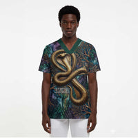 Amunet Ancient Temple Egyptian Scrub Top with Golden Serpent Mythology in Teal Tones