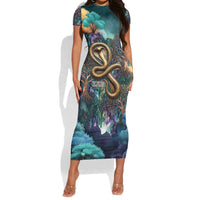 Amunet Ancient Temple Egyptian Short Sleeve Bodycon Dress with Golden Serpent Mythology in Teal Tones