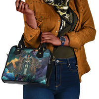 Amunet Ancient Temple Egyptian Shoulder Handbag with Golden Serpent Mythology in Teal Tones