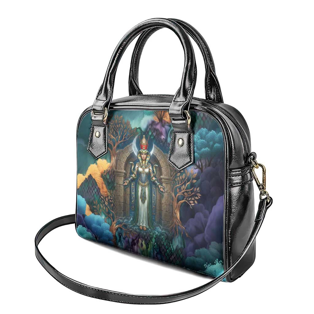 Amunet Ancient Temple Egyptian Shoulder Handbag with Golden Serpent Mythology in Teal Tones