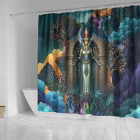 Amunet Ancient Temple Egyptian Shower Curtain with Golden Serpent Mythology in Teal Tones