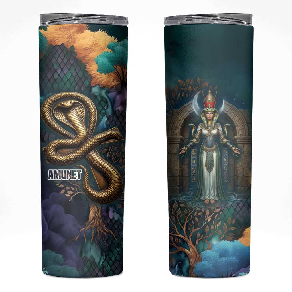 Amunet Ancient Temple Egyptian Skinny Tumbler with Golden Serpent Mythology in Teal Tones