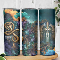 Amunet Ancient Temple Egyptian Skinny Tumbler with Golden Serpent Mythology in Teal Tones