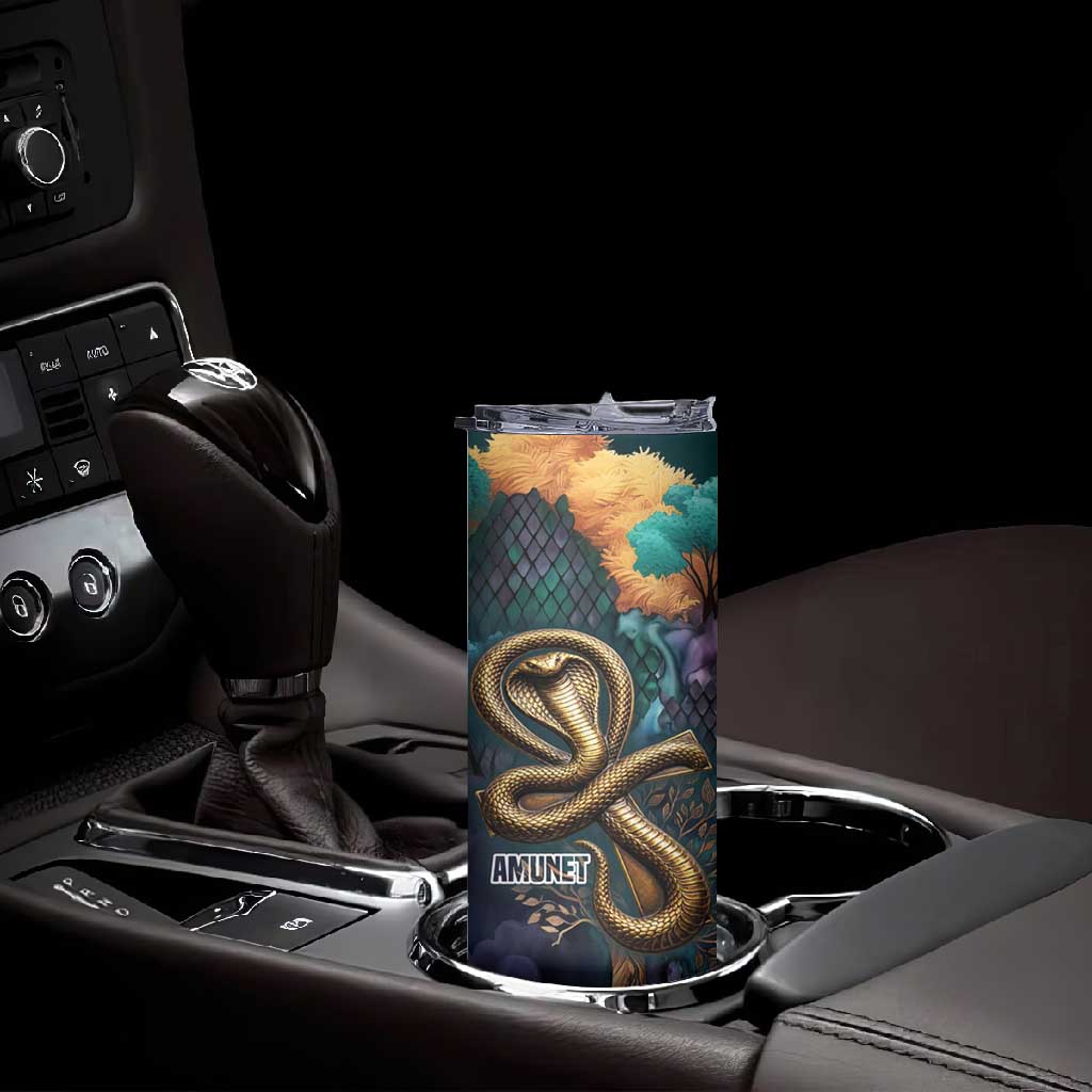 Amunet Ancient Temple Egyptian Skinny Tumbler with Golden Serpent Mythology in Teal Tones