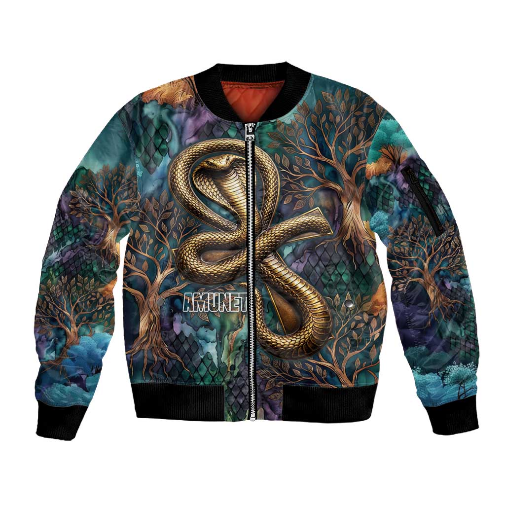 Amunet Ancient Temple Egyptian Sleeve Zip Bomber Jacket with Golden Serpent Mythology in Teal Tones