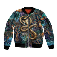Amunet Ancient Temple Egyptian Sleeve Zip Bomber Jacket with Golden Serpent Mythology in Teal Tones
