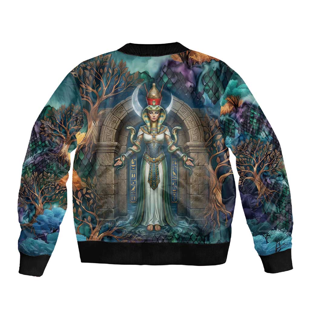 Amunet Ancient Temple Egyptian Sleeve Zip Bomber Jacket with Golden Serpent Mythology in Teal Tones