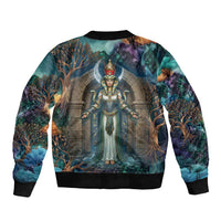 Amunet Ancient Temple Egyptian Sleeve Zip Bomber Jacket with Golden Serpent Mythology in Teal Tones