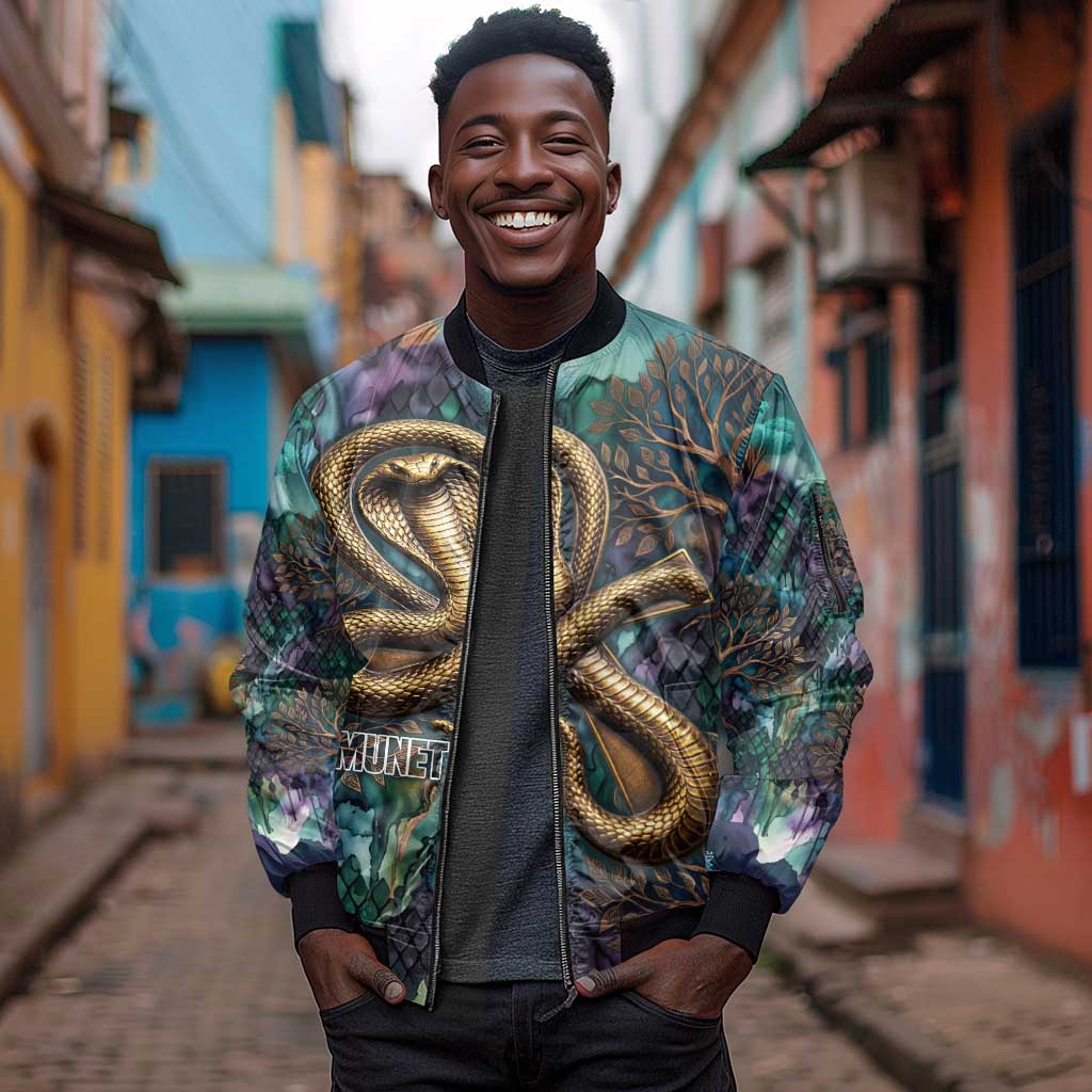Amunet Ancient Temple Egyptian Sleeve Zip Bomber Jacket with Golden Serpent Mythology in Teal Tones