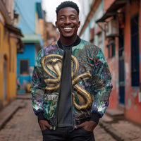 Amunet Ancient Temple Egyptian Sleeve Zip Bomber Jacket with Golden Serpent Mythology in Teal Tones