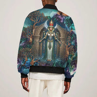 Amunet Ancient Temple Egyptian Sleeve Zip Bomber Jacket with Golden Serpent Mythology in Teal Tones