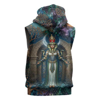 Amunet Ancient Temple Egyptian Sleeveless Hoodie with Golden Serpent Mythology in Teal Tones