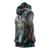 Amunet Ancient Temple Egyptian Sleeveless Hoodie with Golden Serpent Mythology in Teal Tones