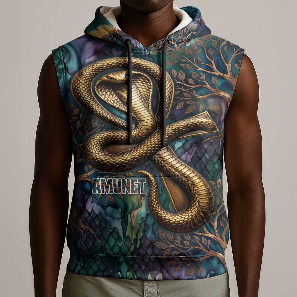 Amunet Ancient Temple Egyptian Sleeveless Hoodie with Golden Serpent Mythology in Teal Tones