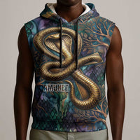 Amunet Ancient Temple Egyptian Sleeveless Hoodie with Golden Serpent Mythology in Teal Tones