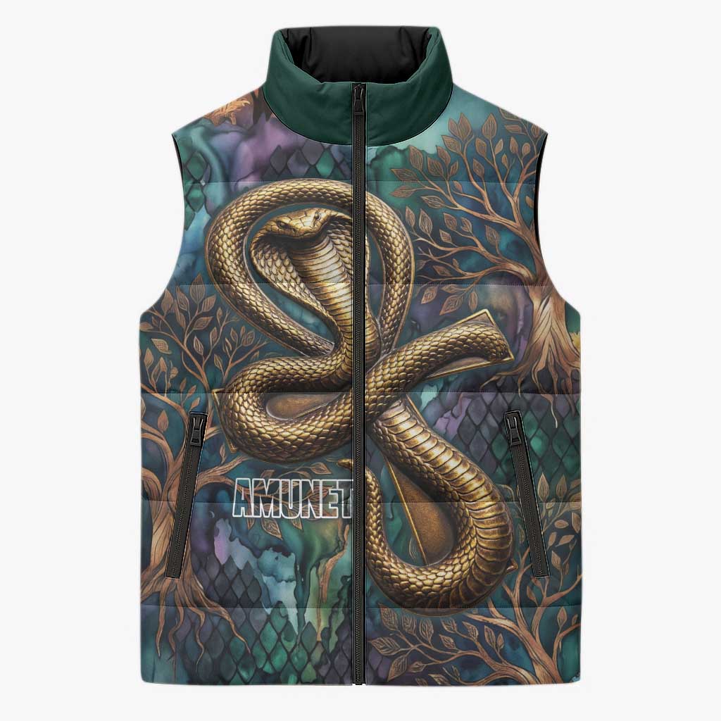 Amunet Ancient Temple Egyptian Sleeveless Puffer Jacket with Golden Serpent Mythology in Teal Tones