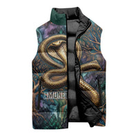 Amunet Ancient Temple Egyptian Sleeveless Puffer Jacket with Golden Serpent Mythology in Teal Tones