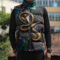 Amunet Ancient Temple Egyptian Sleeveless Puffer Jacket with Golden Serpent Mythology in Teal Tones