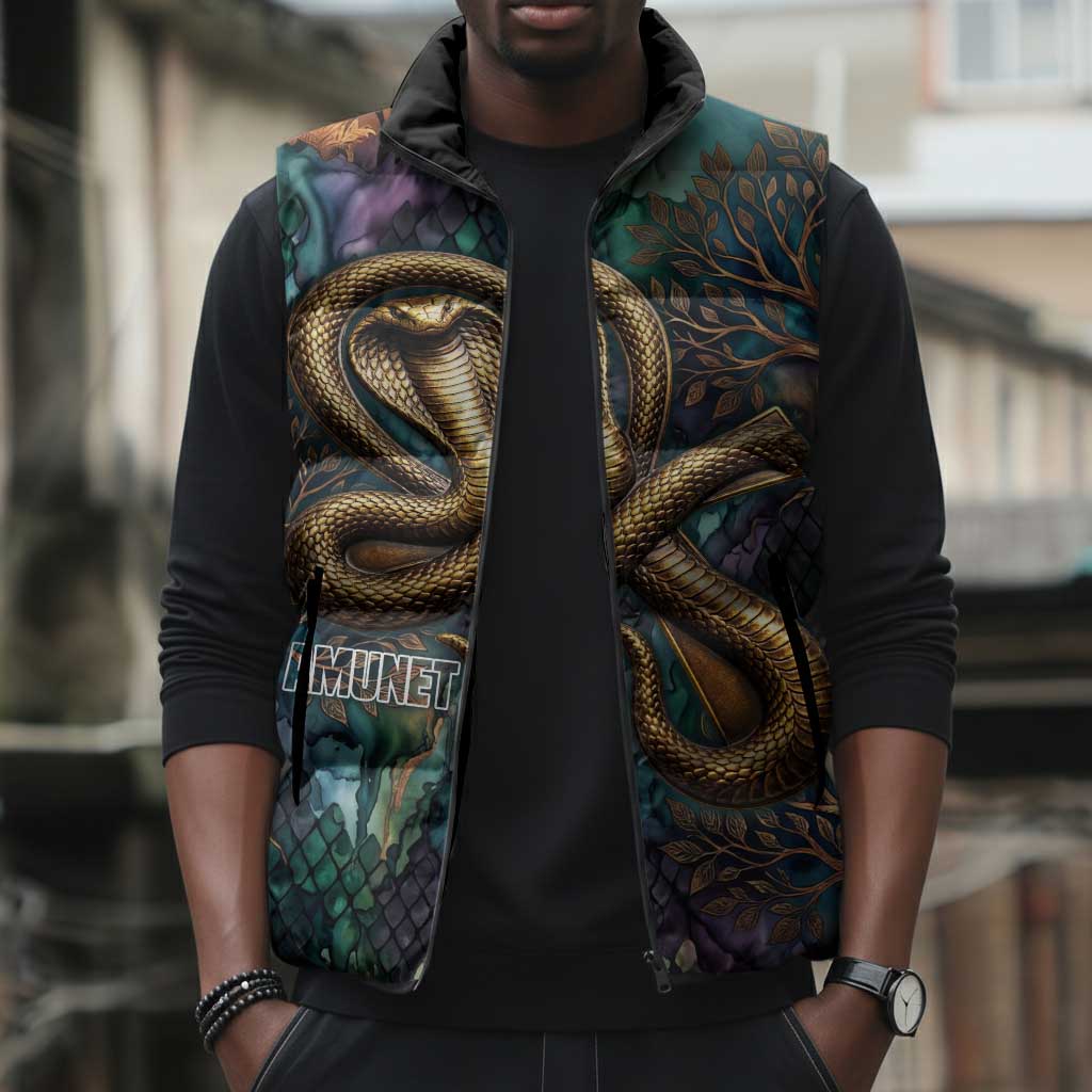 Amunet Ancient Temple Egyptian Sleeveless Puffer Jacket with Golden Serpent Mythology in Teal Tones