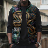 Amunet Ancient Temple Egyptian Sleeveless Puffer Jacket with Golden Serpent Mythology in Teal Tones