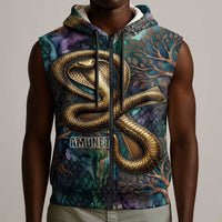 Amunet Ancient Temple Egyptian Sleeveless Zip Hoodie with Golden Serpent Mythology in Teal Tones
