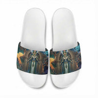 Amunet Ancient Temple Egyptian Slide Sandals with Golden Serpent Mythology in Teal Tones