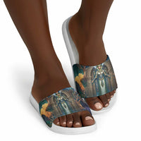 Amunet Ancient Temple Egyptian Slide Sandals with Golden Serpent Mythology in Teal Tones