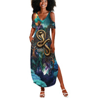 Amunet Ancient Temple Egyptian Summer Maxi Dress with Golden Serpent Mythology in Teal Tones
