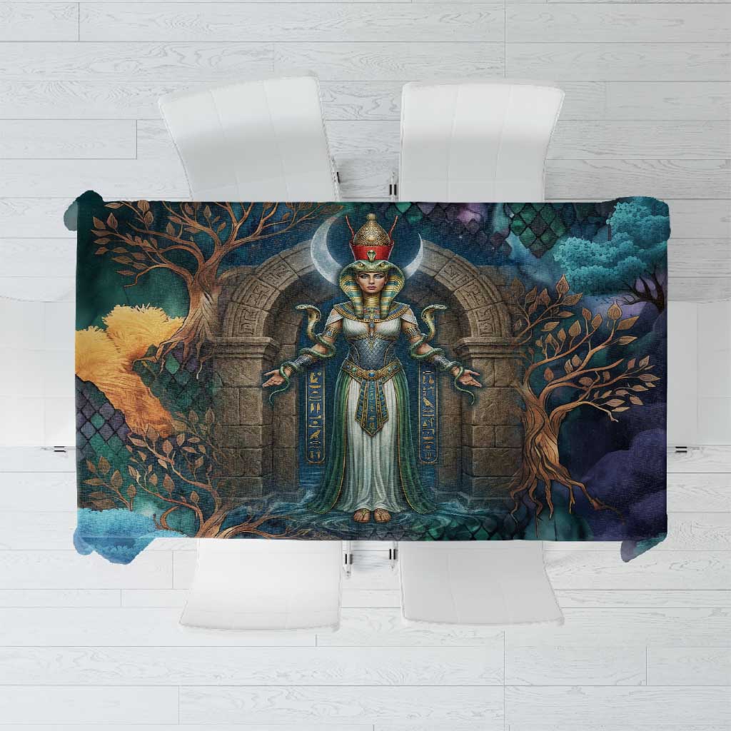 Amunet Ancient Temple Egyptian Tablecloth with Golden Serpent Mythology in Teal Tones