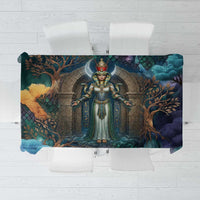 Amunet Ancient Temple Egyptian Tablecloth with Golden Serpent Mythology in Teal Tones