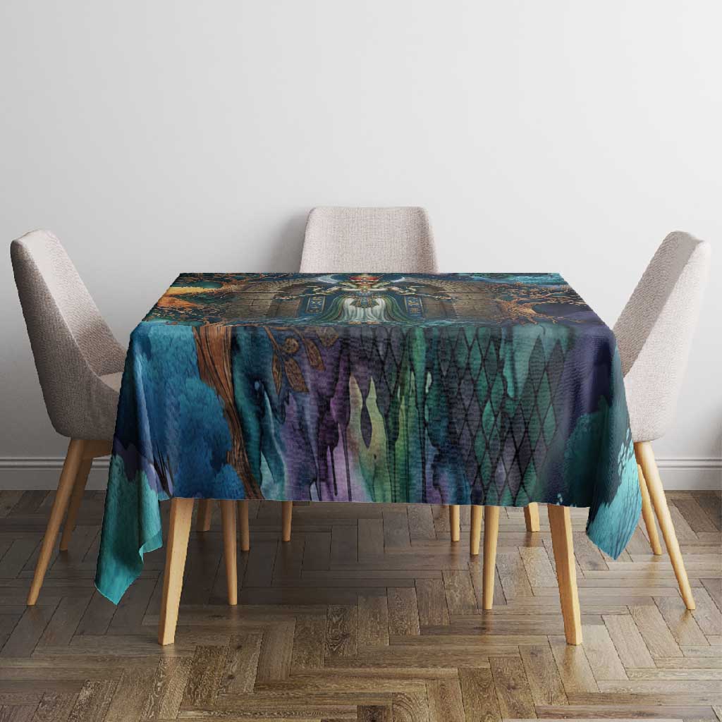 Amunet Ancient Temple Egyptian Tablecloth with Golden Serpent Mythology in Teal Tones