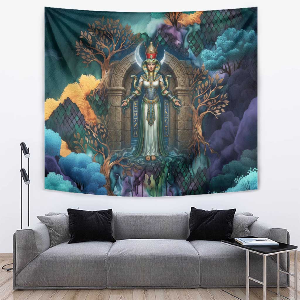 Amunet Ancient Temple Egyptian Tapestry with Golden Serpent Mythology in Teal Tones