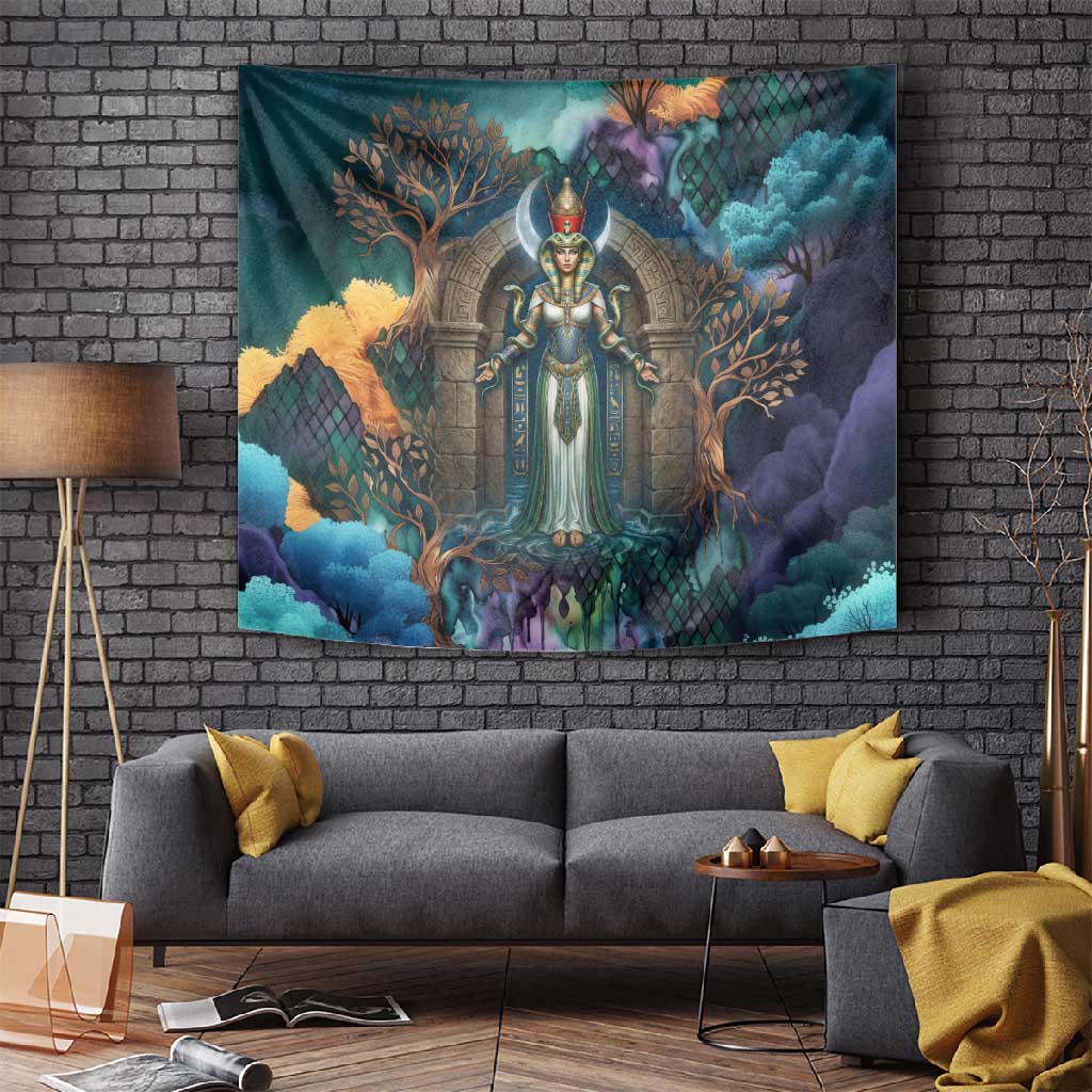 Amunet Ancient Temple Egyptian Tapestry with Golden Serpent Mythology in Teal Tones