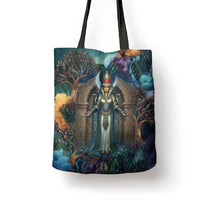 Amunet Ancient Temple Egyptian Tote Bag with Golden Serpent Mythology in Teal Tones