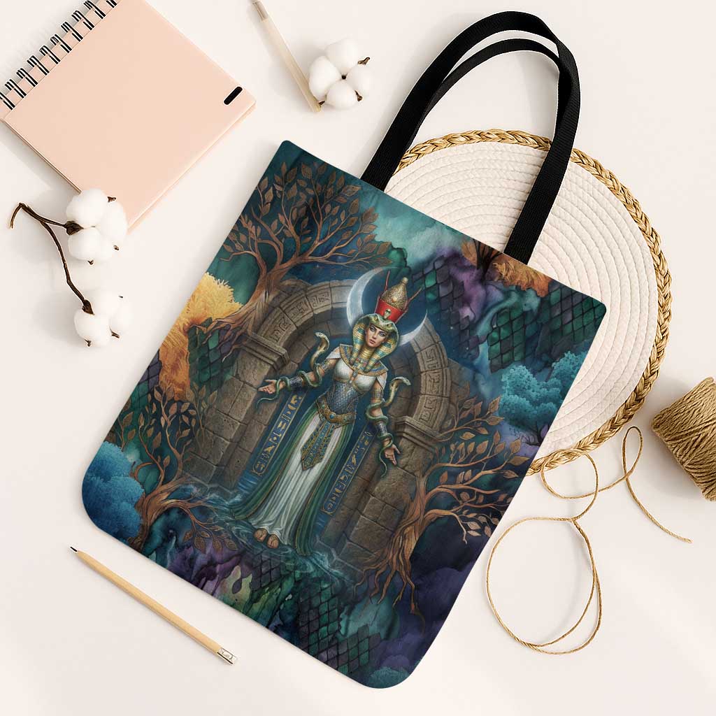 Amunet Ancient Temple Egyptian Tote Bag with Golden Serpent Mythology in Teal Tones