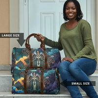 Amunet Ancient Temple Egyptian Travel Bag with Golden Serpent Mythology in Teal Tones