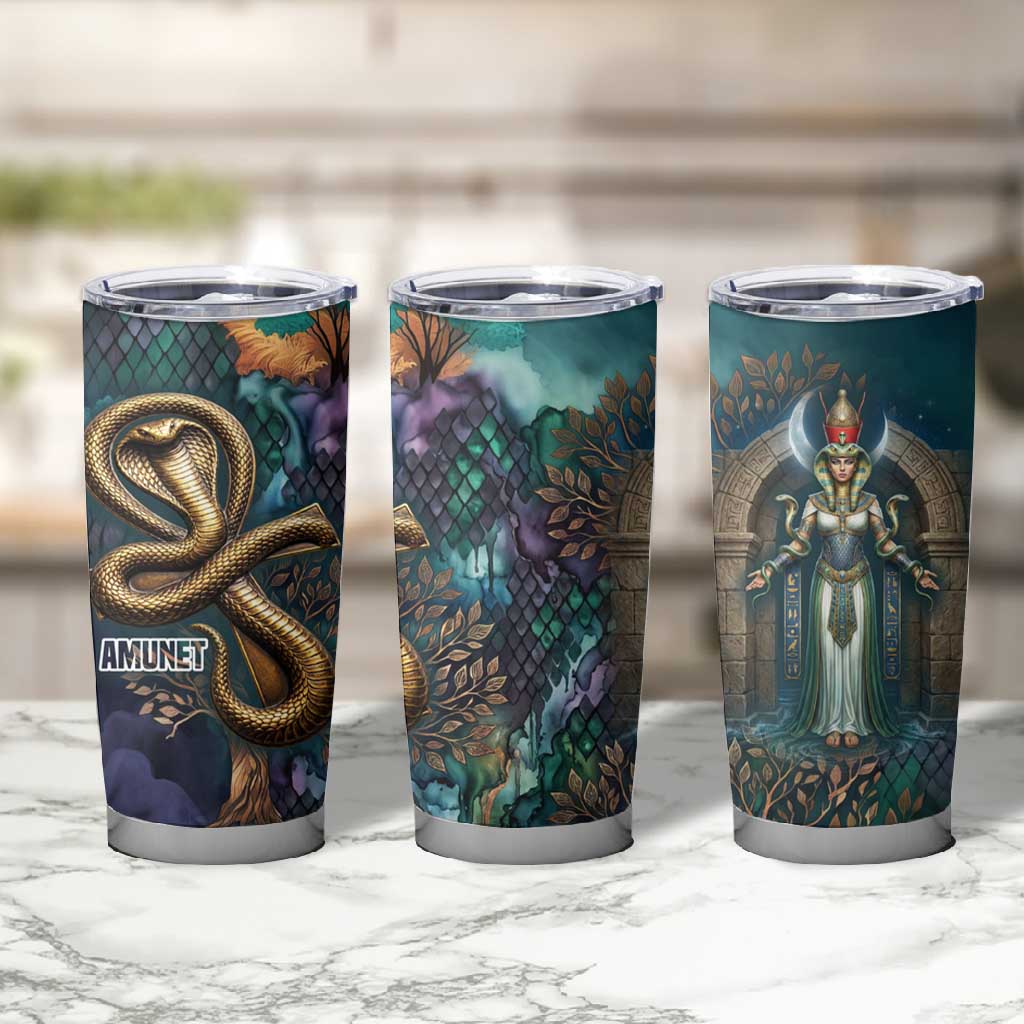 Amunet Ancient Temple Egyptian Tumbler Cup with Golden Serpent Mythology in Teal Tones