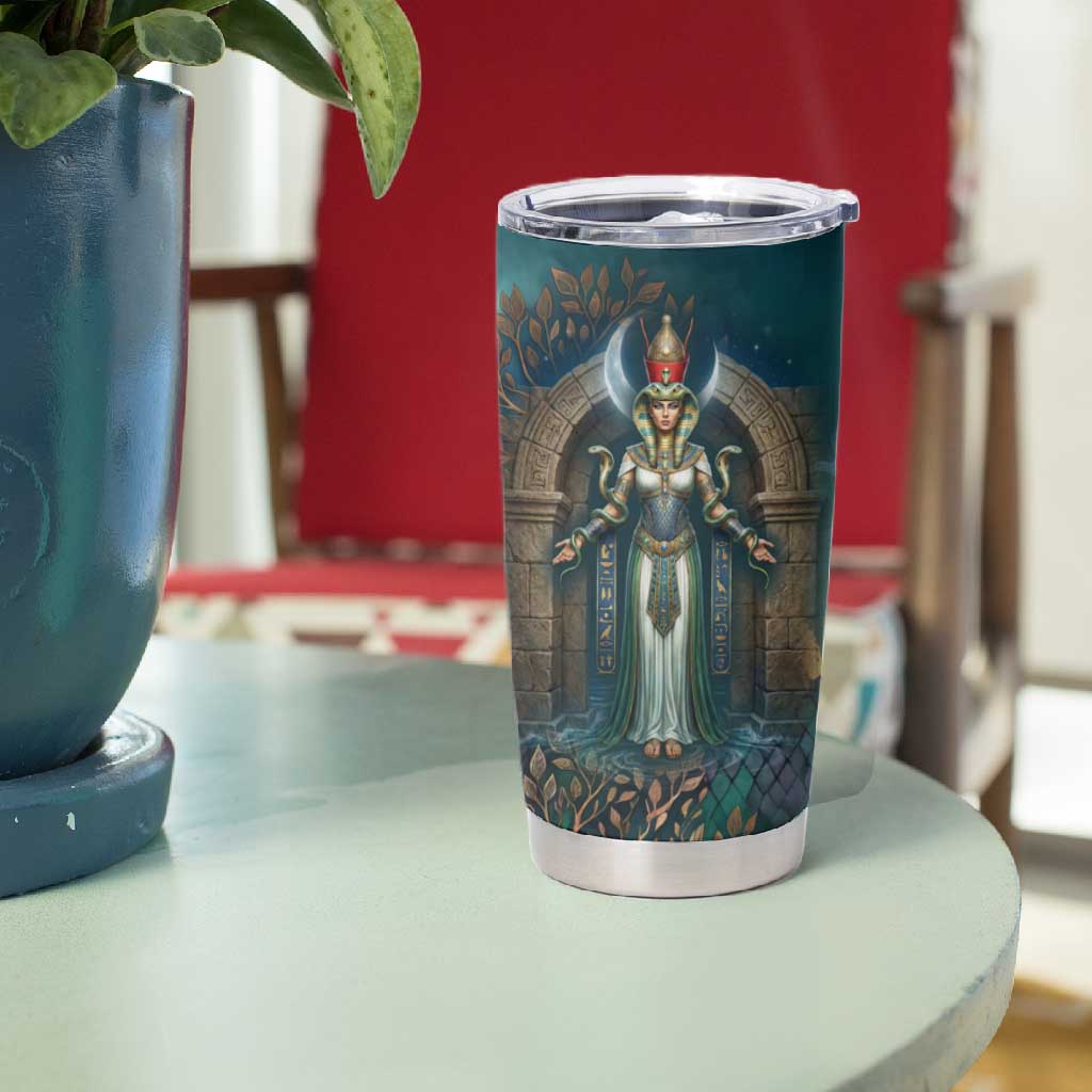 Amunet Ancient Temple Egyptian Tumbler Cup with Golden Serpent Mythology in Teal Tones