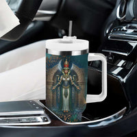 Amunet Ancient Temple Egyptian Tumbler With Handle with Golden Serpent Mythology in Teal Tones