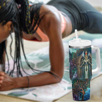 Amunet Ancient Temple Egyptian Tumbler With Handle with Golden Serpent Mythology in Teal Tones