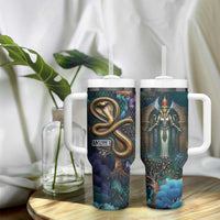 Amunet Ancient Temple Egyptian Tumbler With Handle with Golden Serpent Mythology in Teal Tones