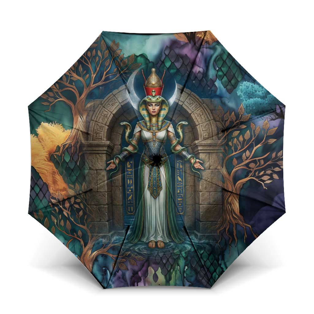 Amunet Ancient Temple Egyptian Umbrella with Golden Serpent Mythology in Teal Tones